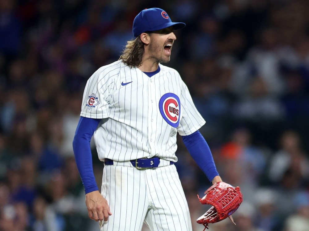 Kevin Gausman of the Chicago Cubs celebrates during a game against the Miami Marlins.