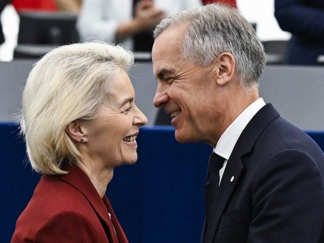 Canada's Prime Minister Mark Carney greets European Commission President Ursula von der Leyen after delivering a speech in the hemicycle at the European Parliament in Strasbourg, eastern France, on September 17, 2026. Canadian Prime Minister Mark Carney on September 17, 2026, rejected threats by US President Donald Trump over Ottawa's push for closer ties with the European Union.