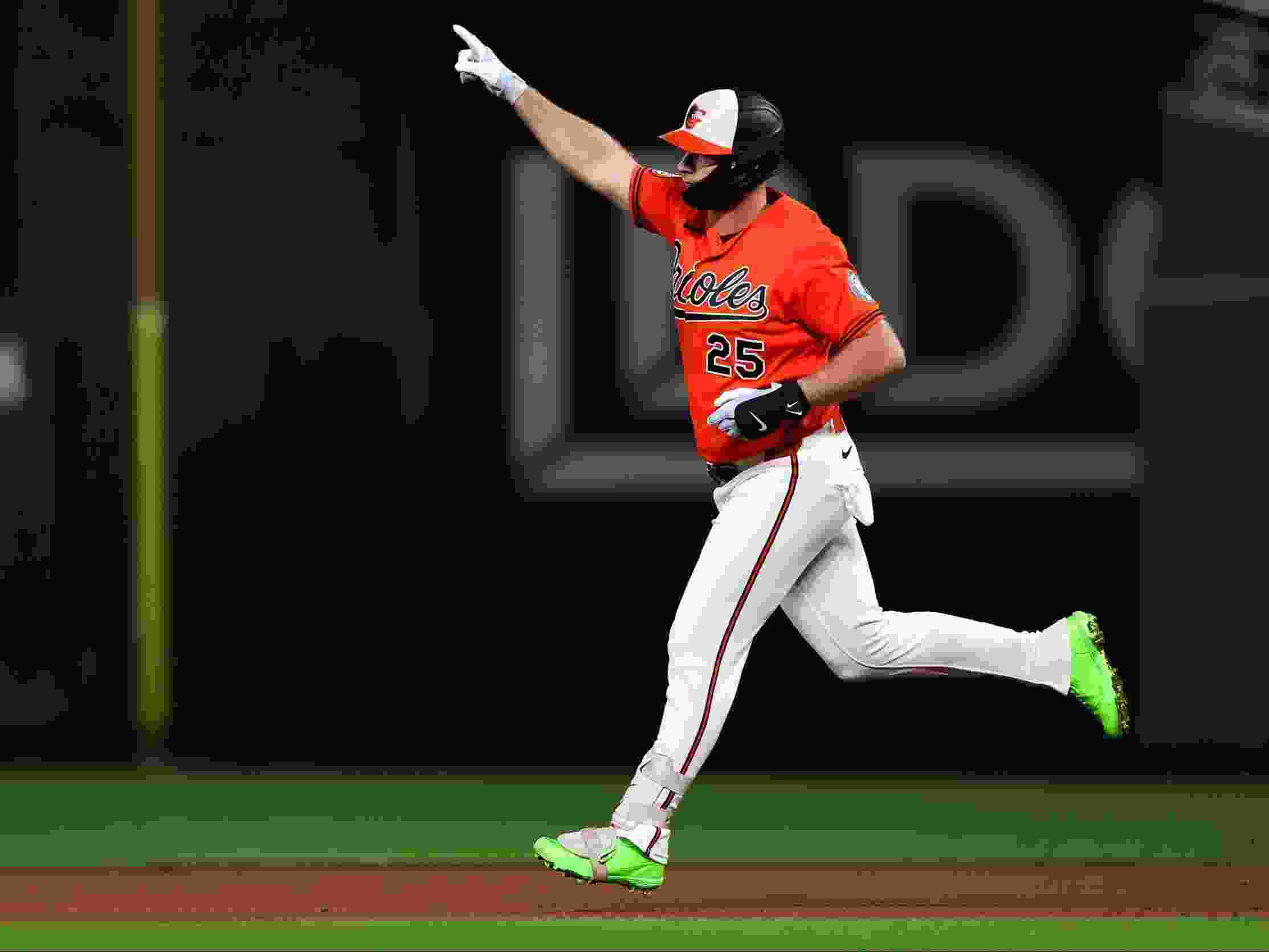 Pete Alonso of the Baltimore Orioles celebrates after hitting a home run.