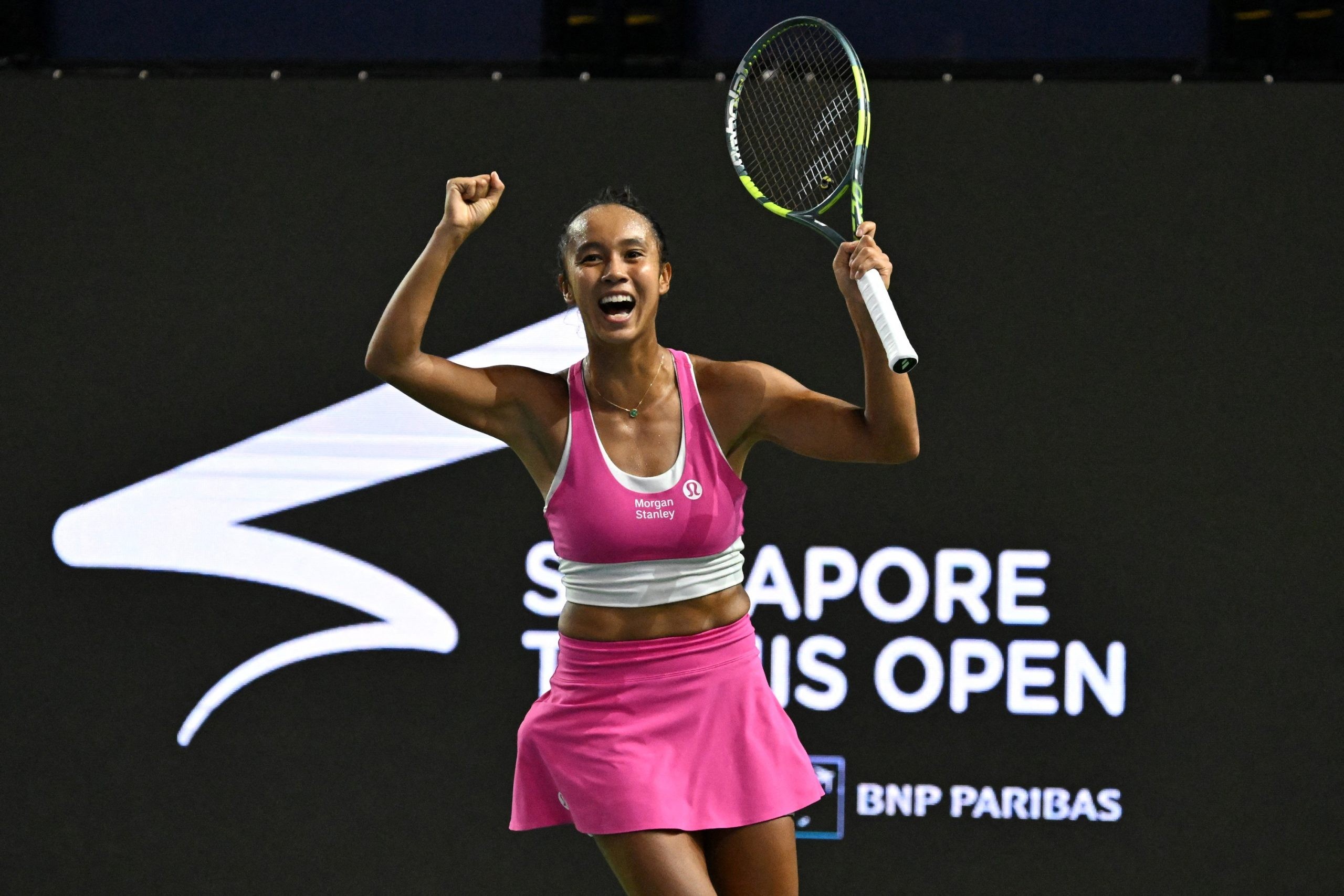 Laval's Leylah Fernandez celebrates after beating Australia's Talia Gibson to win the WTA Singapore Open tennis final on Sunday, September 27, 2026.