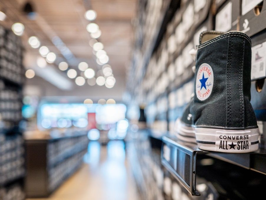 A Converse shoe is on display at the Converse outlet on May 15, 2024 in San Marcos, Texas.