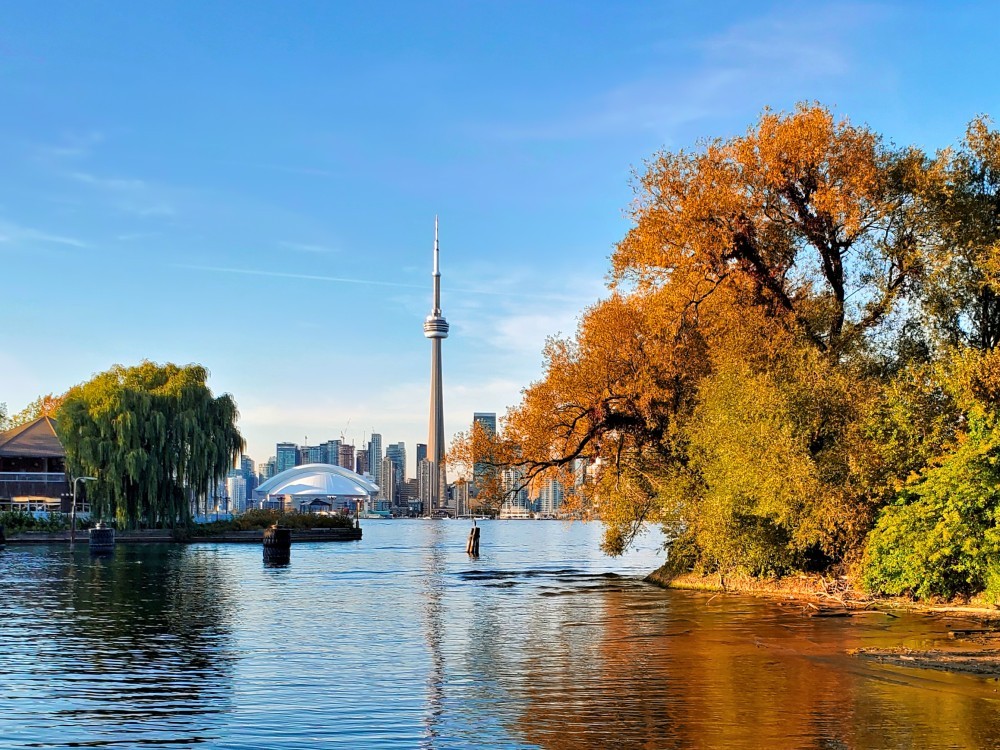 Toronto's skyline seen from the Toronto Islands during the fall.