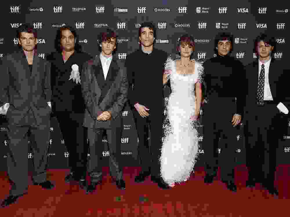 From left to right: Miguel Bernardeau, Carlos Gonzalez, Guitarricadelafuente, Javier Calvo, Penelope Cruz, Javier Ambrossi, and Milo Quifes attend Netflix's "La Bola Negra" Canadian premiere on Sept. 15, 2026 at the Toronto International Film Festival.