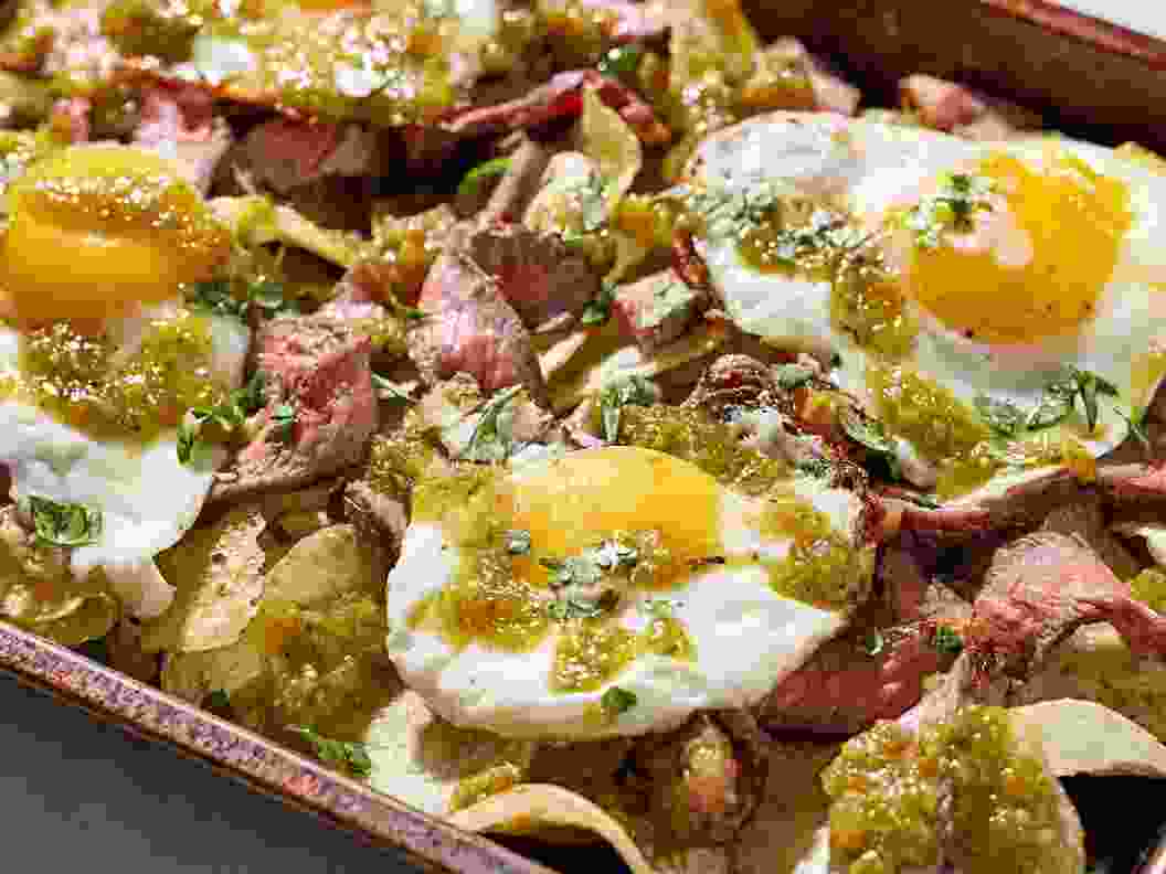 Loaded Potato Chips With Steak, Eggs and Salsa Verde.