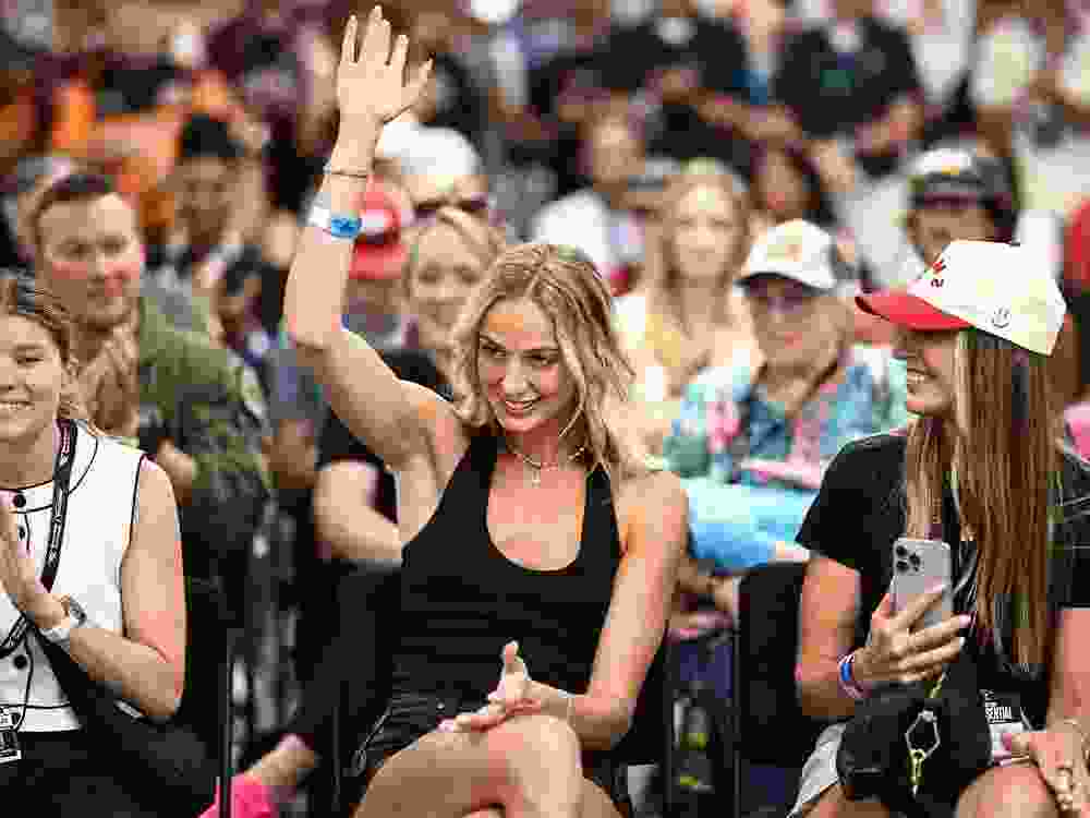 Sophie Cunningham of the Indiana Fever attends the drivers meeting prior to the NASCAR Cup Series Enjoy Illinois 300 at WWT Raceway on Sept. 13, 2026 in Madison, Ill.