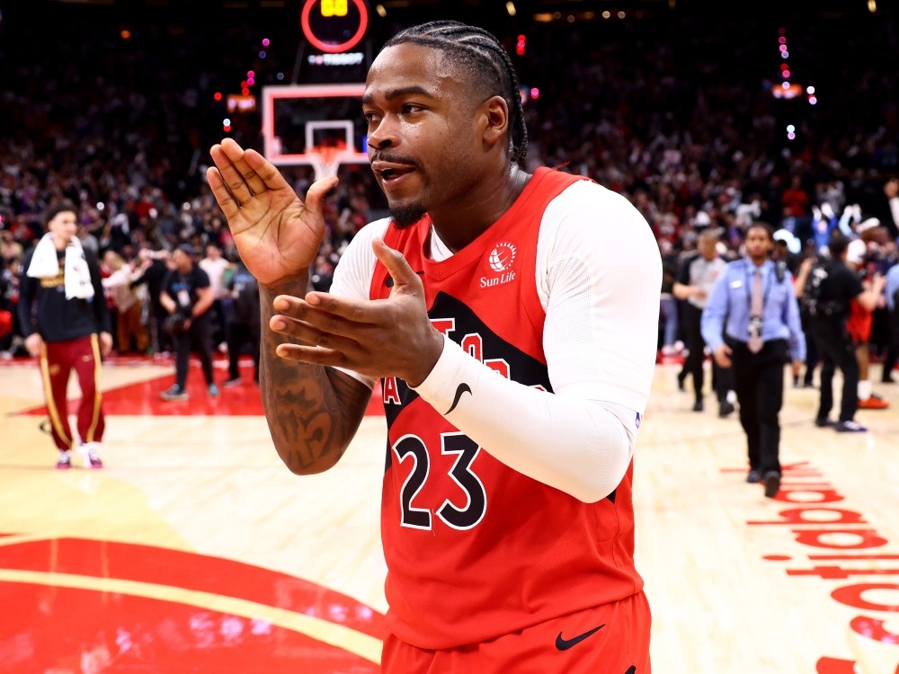 Jamal Shead of the Toronto Raptors celebrates after defeating the Cleveland Cavaliers during a playoff game earlier this year.
