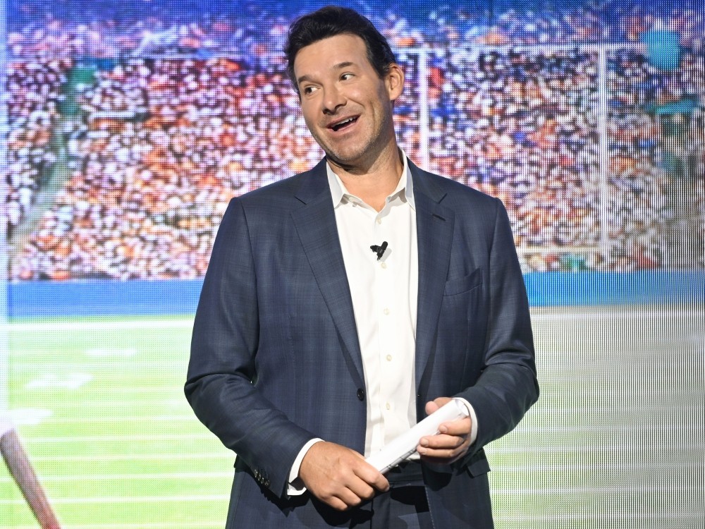 Tony Romo speaks on stage during New York Upfront Partnership Event earlier this year.