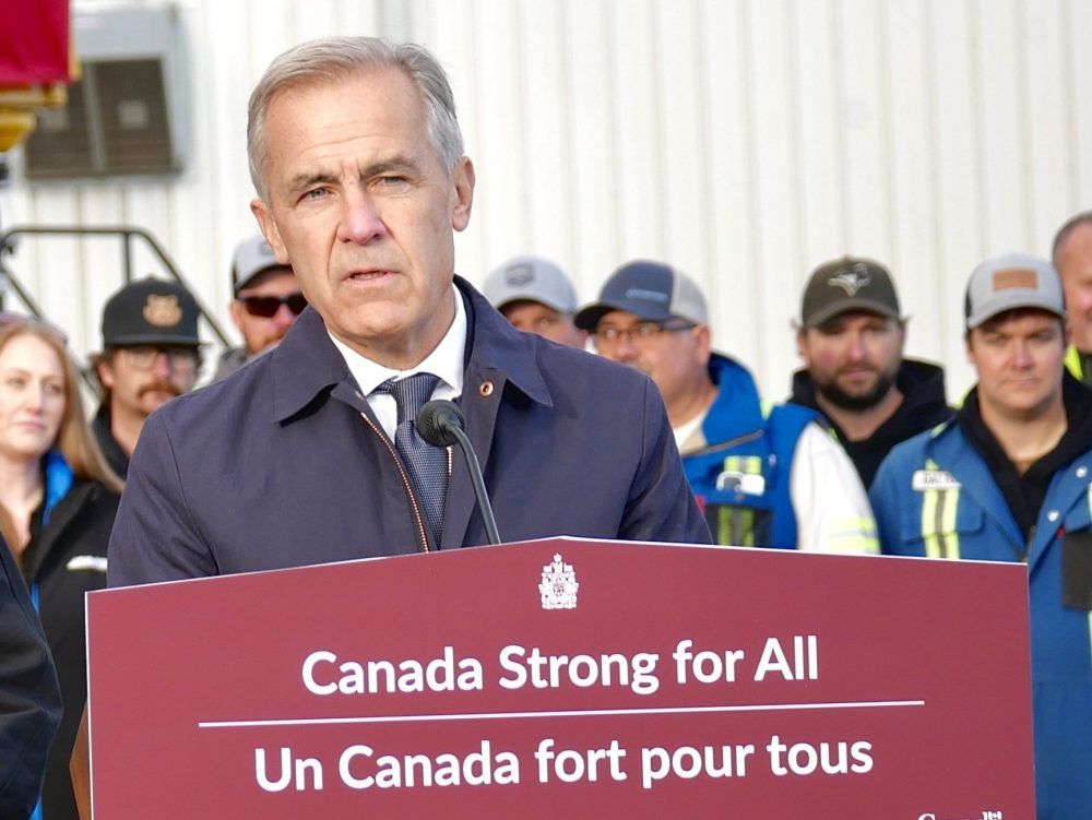 Prime Minister Mark Carney speaks during an announcement that the Pacific Link has been listed as a project of national interest, in Fort McMurray, Alta. on Oct. 1, 2026.