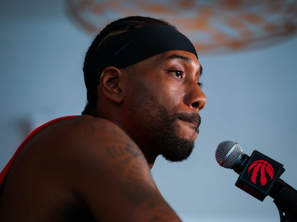 Kawhi Leonard of the Toronto Raptors speaks to media
