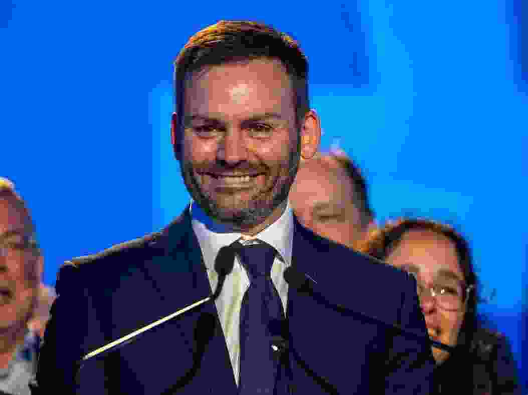 Parti Québécois Leader Paul St-Pierre Plamondon gives a victory speech following his win in the provincial election in Montreal on Monday, October 5, 2026.