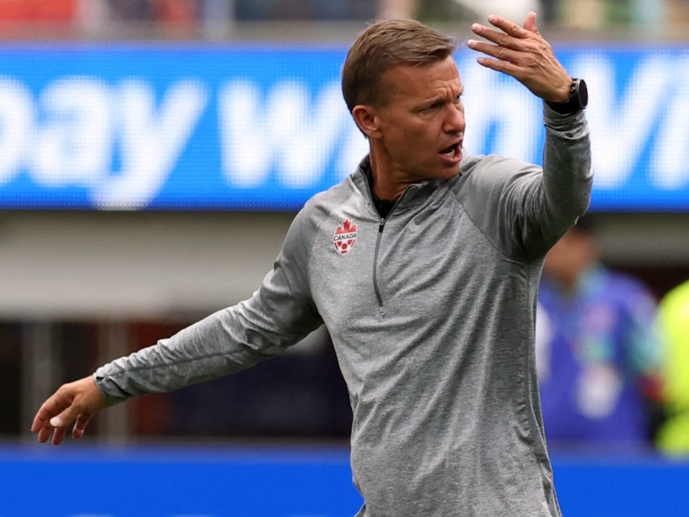 Canada's head coach Jesse Marsch gestures at the halftime of a 2026 World Cup match.