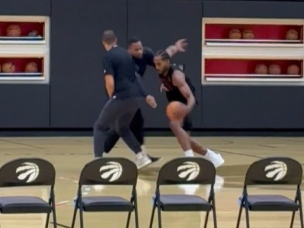 Toronto Raptors star Kawhi Leonard takes part in a drill at the team's training camp.