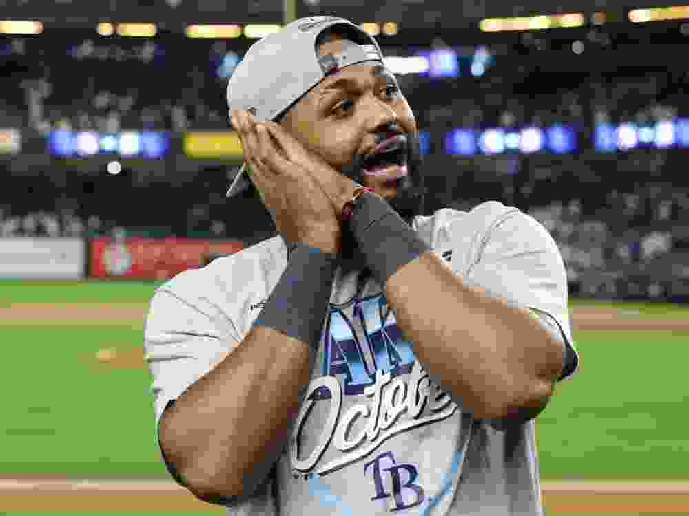 Junior Caminero of the Tampa Bay Rays celebrates after defeating the New York Yankees in the American League Division Series at Yankee Stadium.