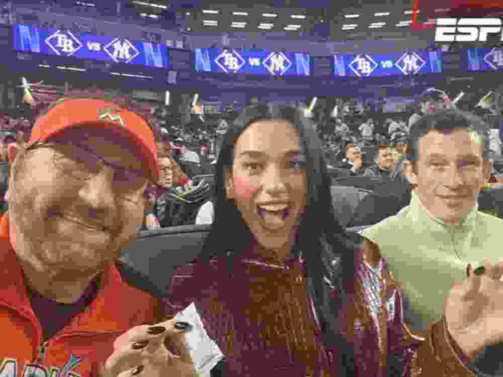 Marlins Man with Dua Lipa and Callum Turner at the Yankees-Rays game.