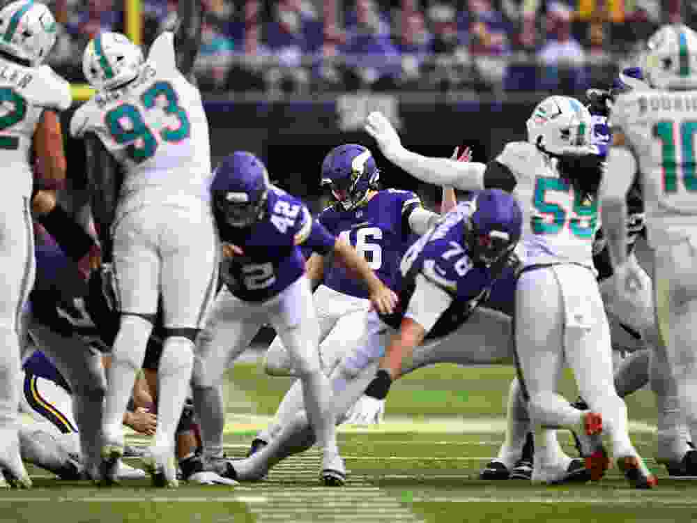 Will Reichard of the Minnesota Vikings kicks a field goal against the Miami Dolphins.