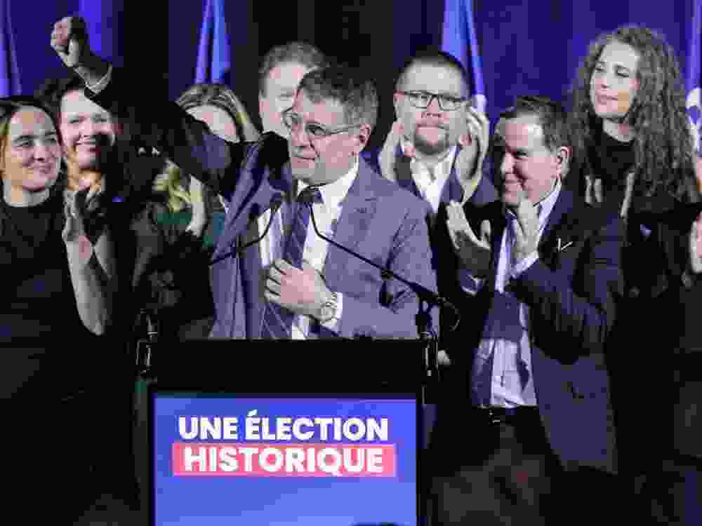 Conservative Party of Quebec Leader Éric Duhaime makes a speech at an election watch party in Lévis, Que., on Oct. 5, 2026.&nbsp;