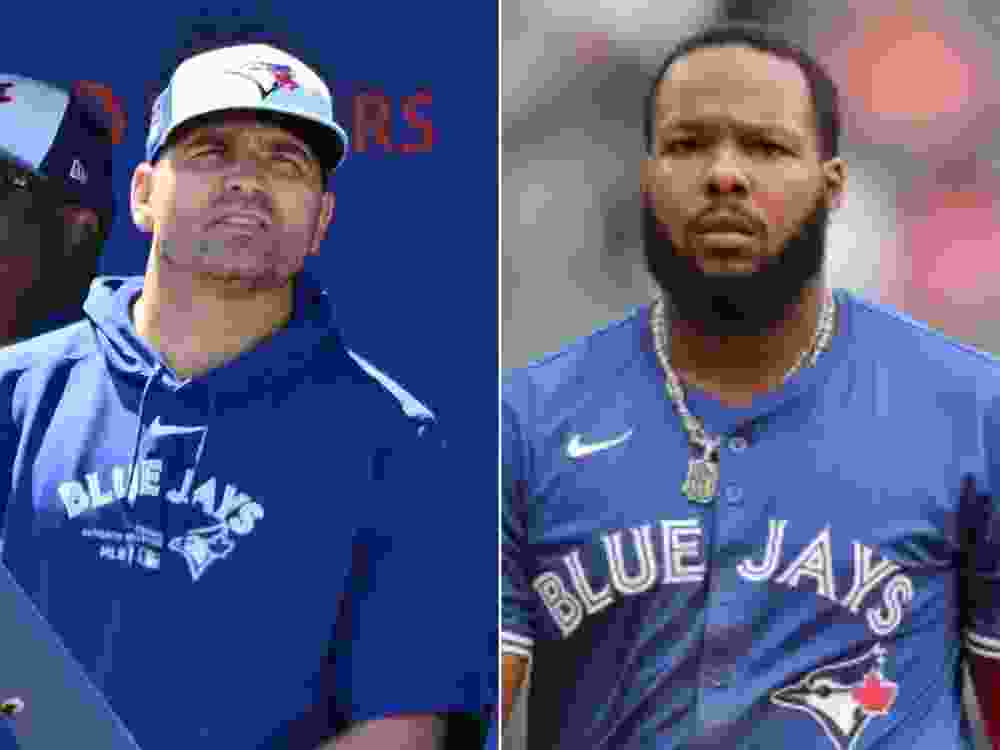 Retired Canadian baseball star Joey Votto and Blue Jays first baseman Vladimir Guerrero Jr.