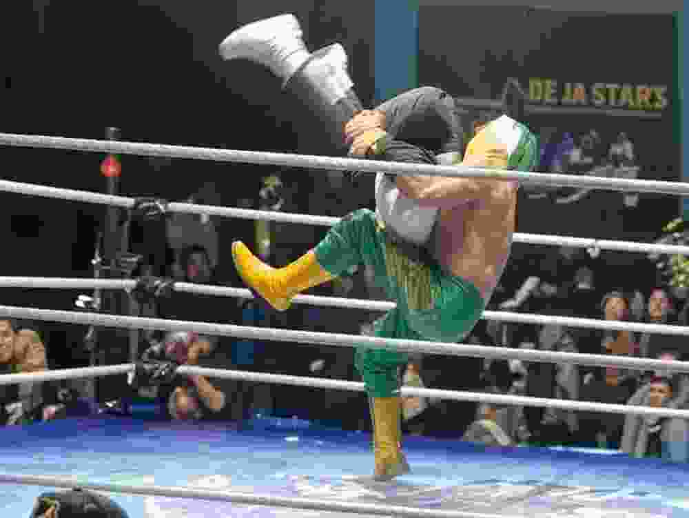 Mexican luchador Hijo De Fishman performs a piledriver on referee Gerardo German Pineda.