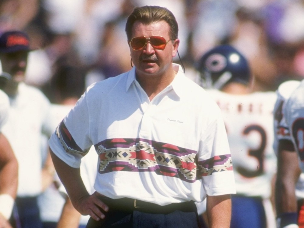 Head coach Mike Ditka of the Chicago Bears on the sideline during a game in 1990.