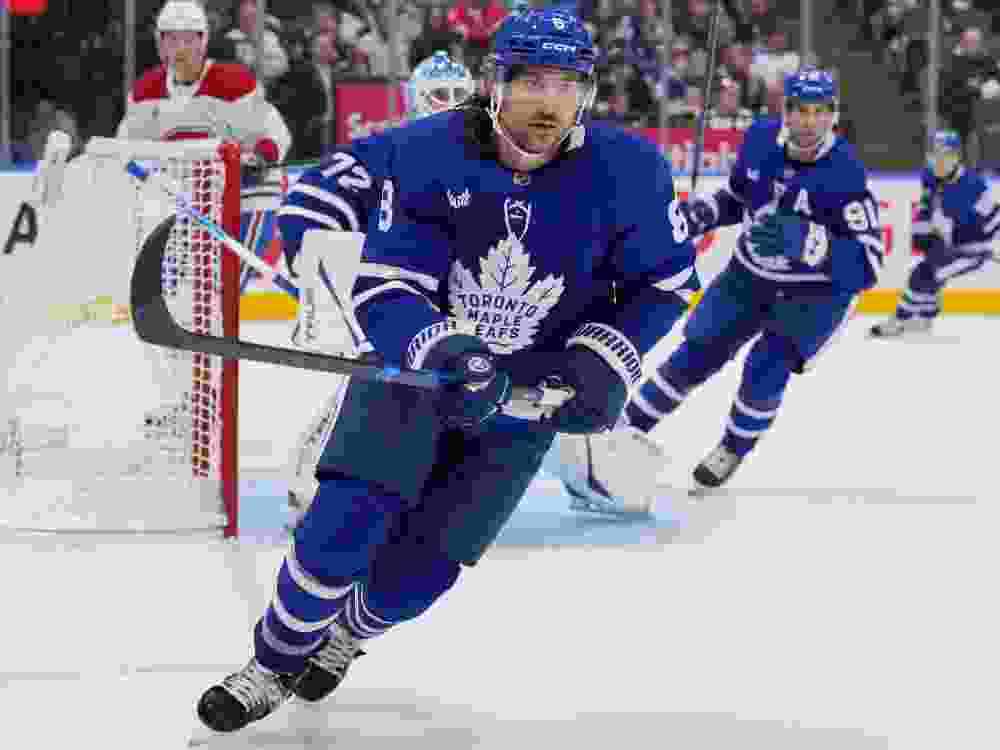 Chris Tanev of the Toronto Maple Leafs skates against the Montréal Canadiens.