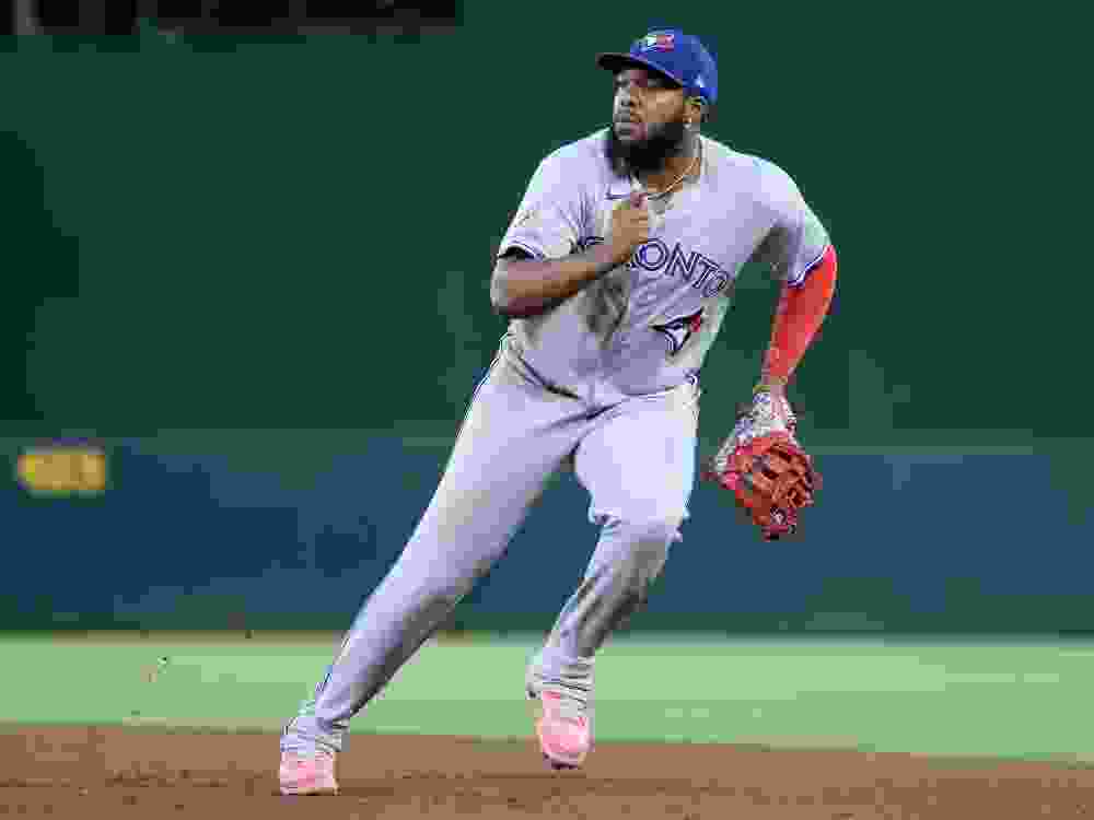Vladimir Guerrero Jr. of the Toronto Blue Jays plays first base against the Athletics earlier this season.