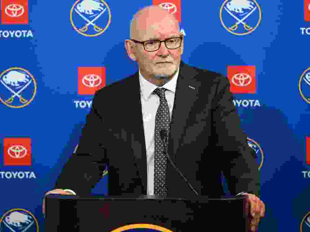 Buffalo Sabres head coach Lindy Ruff addresses the media following an NHL game against the Chicago Blackhawks.