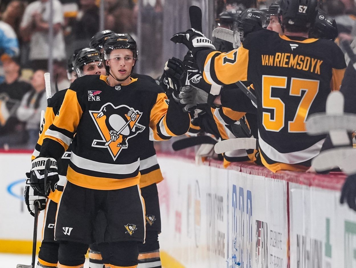 Centre Ben Kindel of the Pittsburgh Penguins celebrates a goal during the second period against Winnipeg Jets the at PPG Paints Arena on Oct. 5, 2026, in Pittsburgh, Pa.