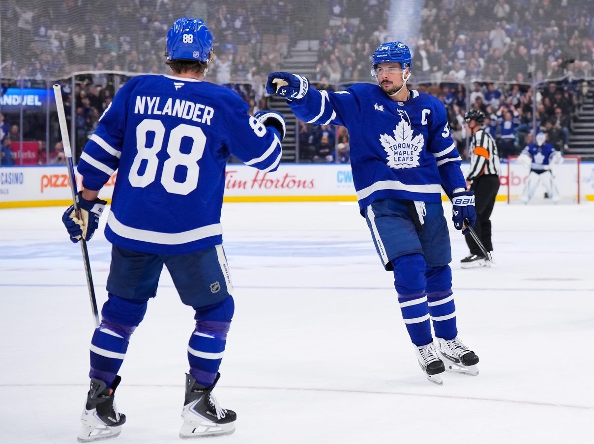 Auston Matthews of the Toronto Maple Leafs celebrates a goal against the San Jose Sharks.