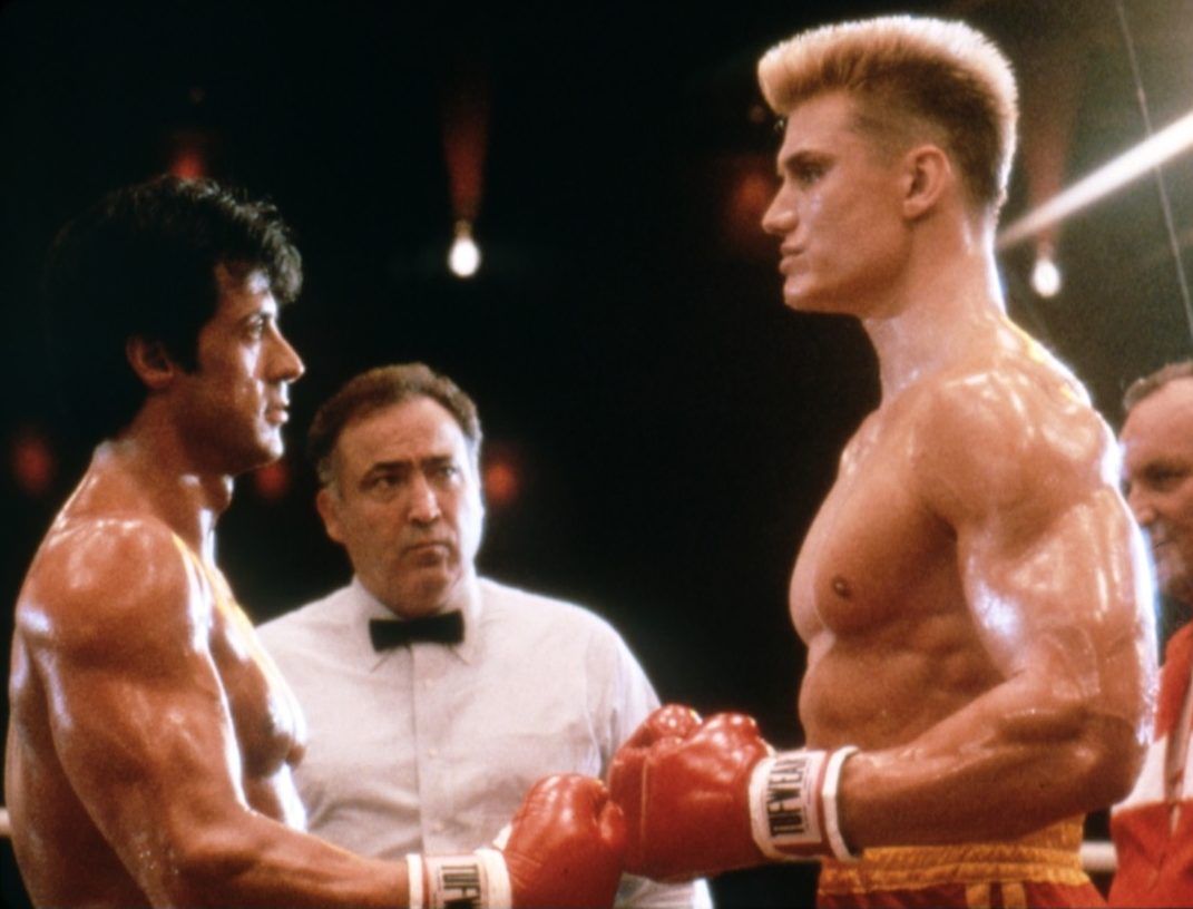 Sylvester Stallone and Dolph Lundgren on the set of Rocky IV.