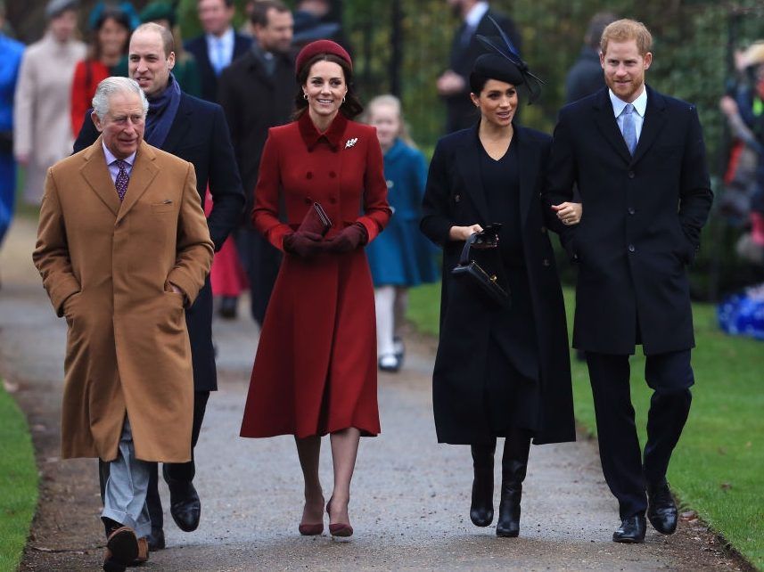 (L-R) Then-Prince Charles, Prince of Wales, Prince William, Duke of Cambridge, Catherine, Duchess of Cambridge, Meghan, Duchess of Sussex and Prince Harry, Duke of Sussex arrive to attend Christmas Day Church service at Church of St Mary Magdalene on the Sandringham estate on December 25, 2018 in King's Lynn, England.