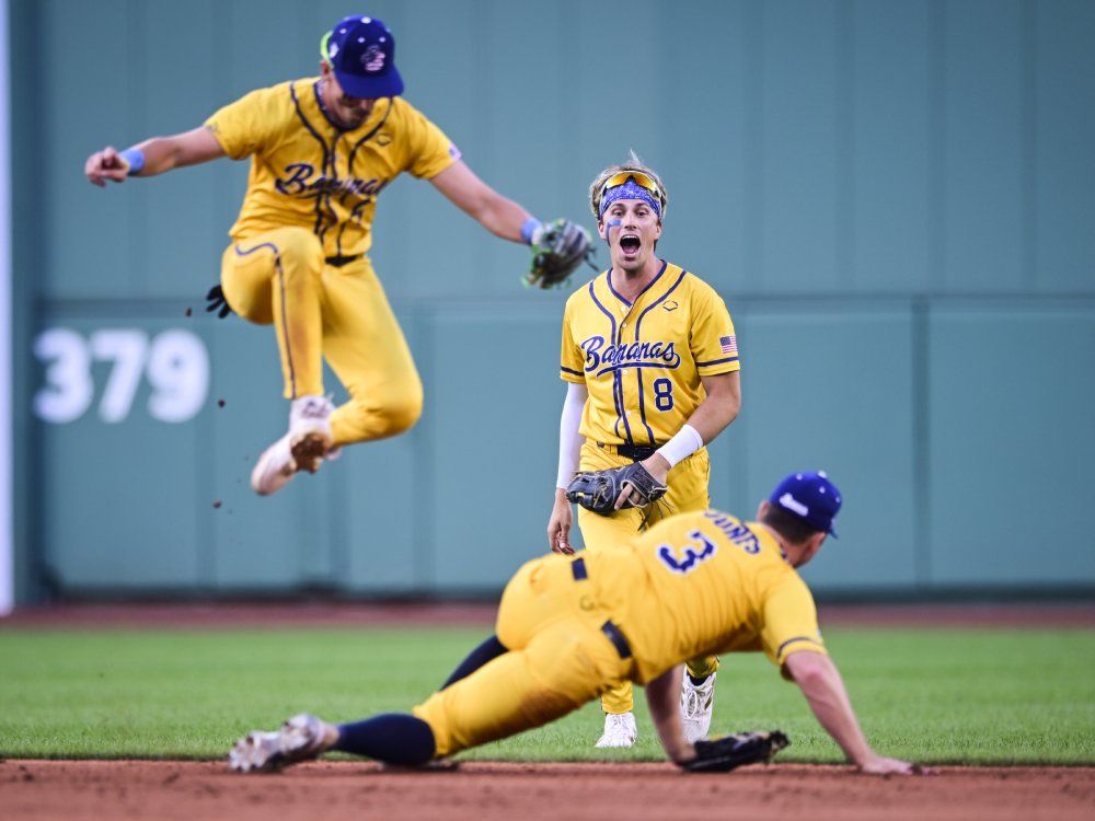 Jackson Olson #8 of the Savannah Bananas reacts to a play against The Firefighters at Fenway Park on July 05, 2025 in Boston, Massachusetts.