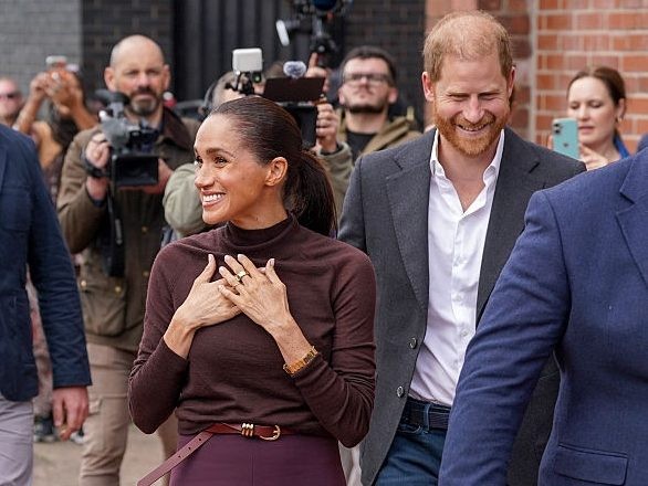 Meghan, Duchess of Sussex, and Prince Harry, Duke of Sussex, arrive at Himmah Hub, a food poverty community action group, during their visit to Nottingham on October 15, 2026, in Nottingham, England.