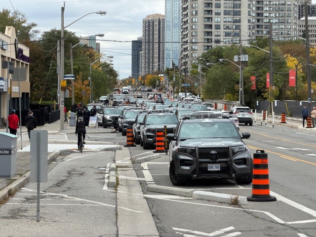 A police presence is shown on Wednesday afternoon in the area of Bloor St. W., and Islington Ave. On Tuesday, protestors stymied the removal of bike lanes in the Bloor and Islington area. The province vowed the work would be done.