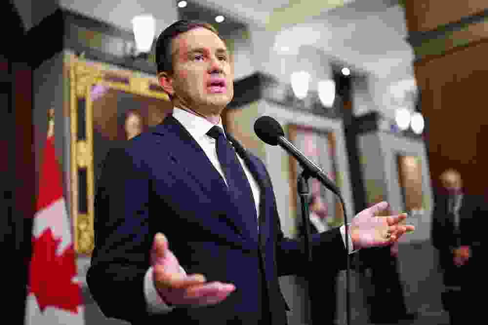 Conservative Party leader Pierre Poilievre speaks at foyer of the House of Commons at West Block on Parliament Hill in Ottawa earlier this month.