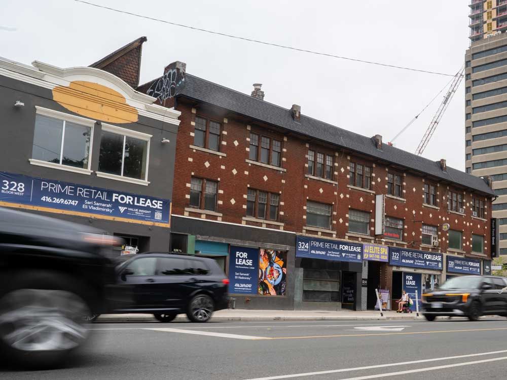 A derelict strip of former retail stores and restaurants running east from the Scotiabank on the northeast Corner of Bloor St W. and Spadina Ave. in Toronto, on Wednesday, June 10, 2026.