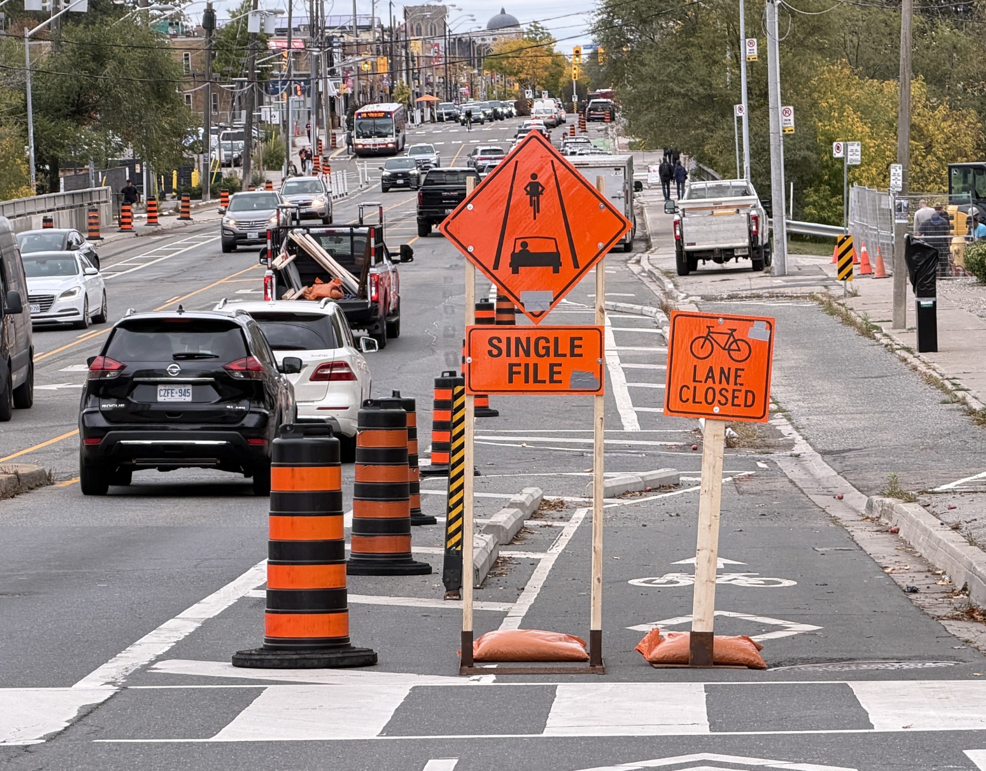 A section of a bike lane is closed on Wednesday, Oct. 14, 2026, in the area of Bloor St. W., and Islington Ave.