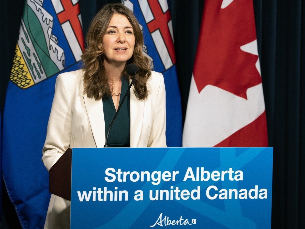 Alberta Premier Danielle Smith speaks to media at McDougall Centre in Calgary on Wednesday, October 21, 2026.