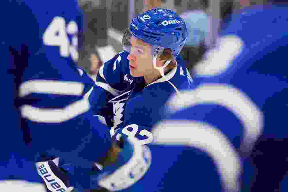 Maple Leafs' Gavin McKenna skates during warmup prior to the pre-season game against the Ottawa Senators at Scotiabank Arena on Sept. 23, 2026 in Toronto,