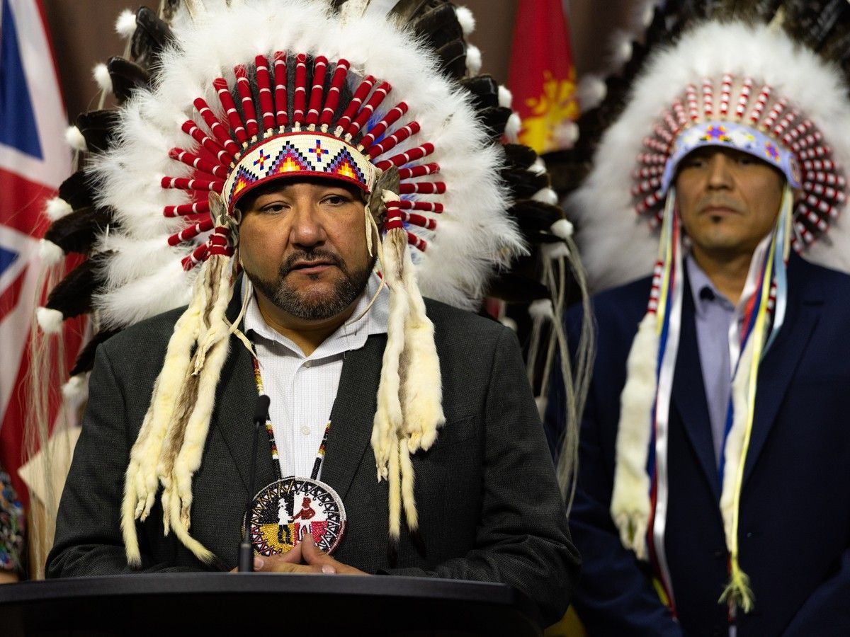Treaty 8 Grand Chief Trevor Mercredi speaks during a press conference at the West Block on the Parliament Hill in Ottawa on Monday, April 13, 2026.
