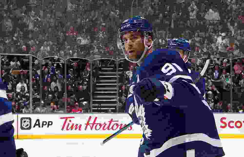 Maple Leafs' John Tavares celebrates his second-period goal against the Detroit Red Wings at Scotiabank Arena on Nov. 8, 2024 in Toronto.