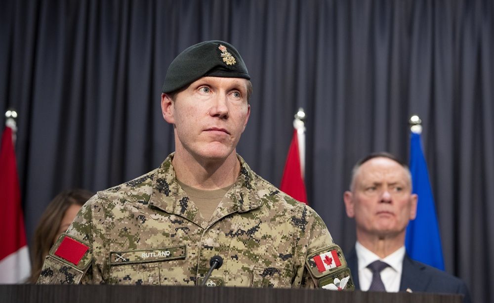 Maj.-Gen. Wade Rutland and David J. McGuinty, Minister of National Defence David McGuinty meet with media on Sunday, Oct. 18, 2026, following the tragic events at CFB Wainwright.