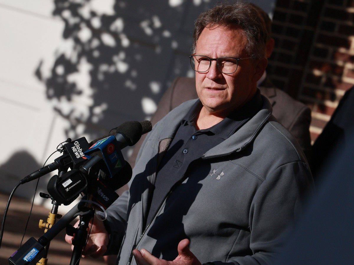 Wainwright Mayor Bruce Pugh speaks outside the Wainwright Town Hall on Sunday, October 18, 2026. A devastating fire on the nearby Canadian Forces base killed several soldiers and injured dozens more on Saturday afternoon.